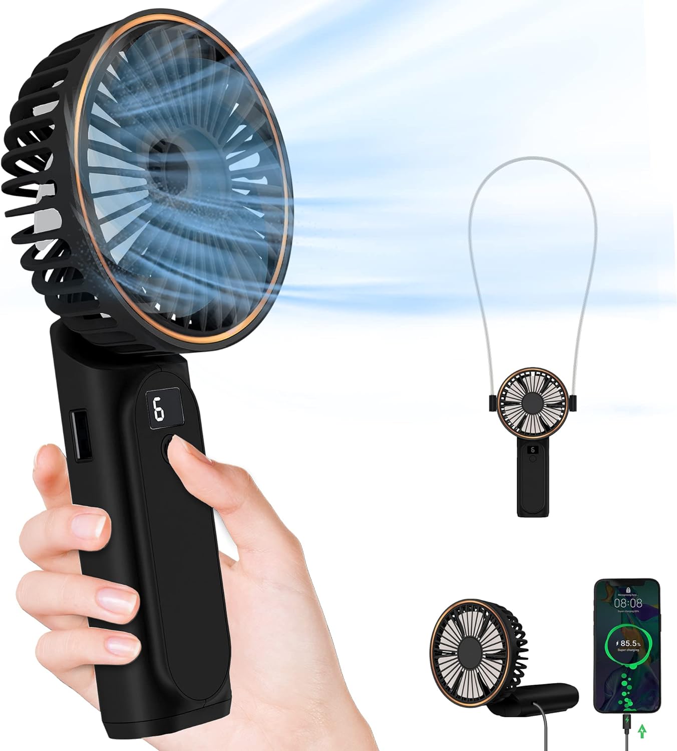 Portable Handheld Fan, Portable Fan Rechargeable, 4000mAh, 180° Adjustable, 6 Speed Wind, Display Electricity in Real Time, USB Rechargeable Foldable Fan, Quiet Personal Fan with Power Bank