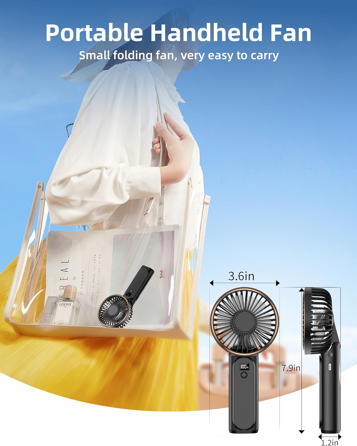 Portable Handheld Fan, Portable Fan Rechargeable, 4000mAh, 180° Adjustable, 6 Speed Wind, Display Electricity in Real Time, USB Rechargeable Foldable Fan, Quiet Personal Fan with Power Bank
