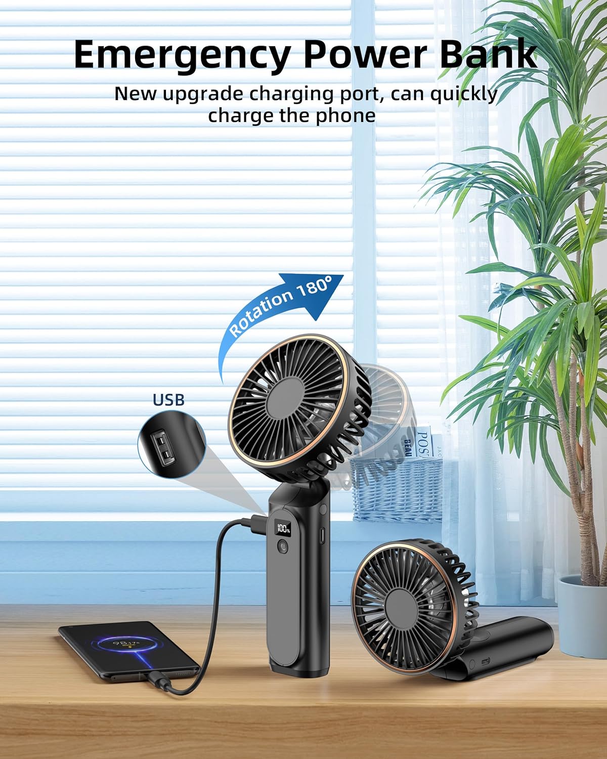 Portable Handheld Fan, Portable Fan Rechargeable, 4000mAh, 180° Adjustable, 6 Speed Wind, Display Electricity in Real Time, USB Rechargeable Foldable Fan, Quiet Personal Fan with Power Bank