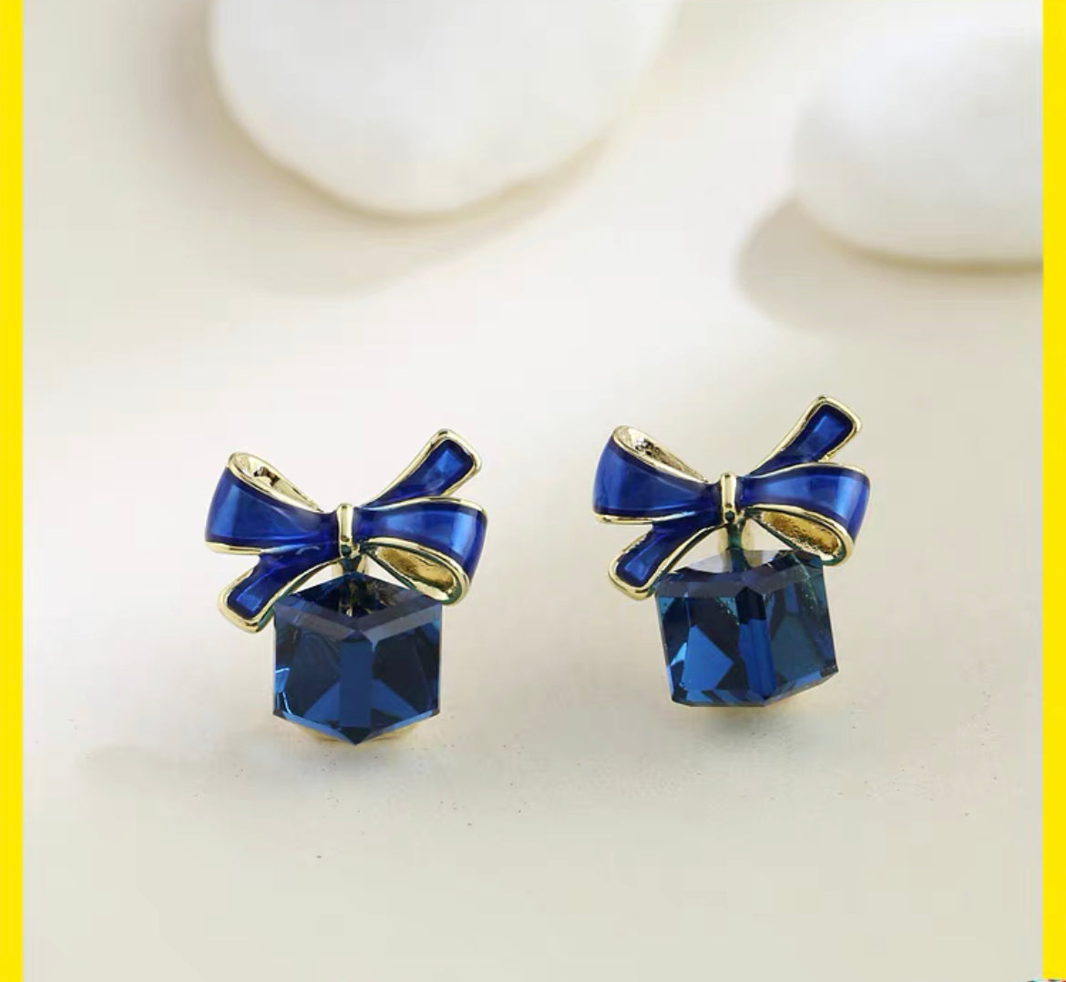 925 Silver Needle Blue Crystal Bow Women's Earrings ear pendants dangler earbob