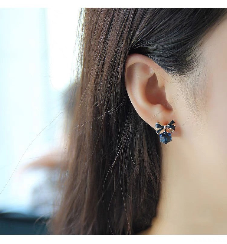925 Silver Needle Blue Crystal Bow Women's Earrings ear pendants dangler earbob