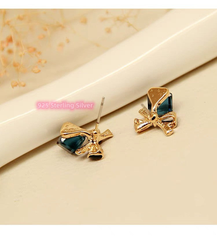 925 Silver Needle Blue Crystal Bow Women's Earrings ear pendants dangler earbob